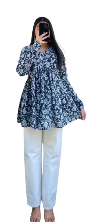 Women's Floral Print Cotton Top, Long Bell Sleeve, Square Neck, Ethnic Fusion Style, Regular Fit, Lightweight-picture-15