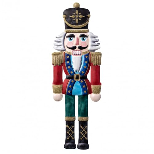 Nutcracker Shaped Embossed Metal Christmas Sign with Sawtooth Hanger for Wreath Accents, Garlands, Crafts, and Decorations (Red, Green, Blue, Multi, 12