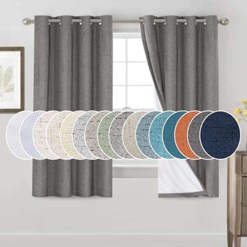 Image of PrinceDeco 100% Blackout Curtains for Bedroom 63 Inches Long 2 Panels Set Anti-Rust Grommet Room Darkening Curtains & Drapes Linen Textured Window Treatment Drapes with White Liner, Grey