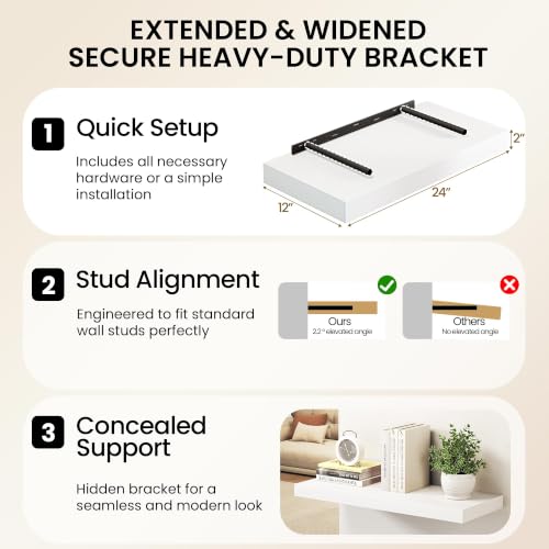 Image of 40Inch White Floating Shelves for Wall, 12 Inch Deep Shelves for Bedroom, Kitchen, Bathroom Wall Mounted, Rustic Wood Floating Shelf with Invisible Brackets for Books, Storage, Decor, 2 Packs