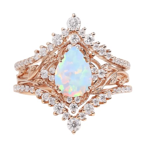 Pear Cut Gemstone Engagement & Wedding Rings - 10K, 14K, 18K White & Yellow & Rose Gold Bridal Sets - Vintage 3pcs V Shaped Promise Ring