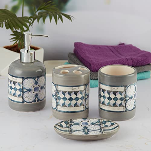 Image of Kookee Ceramic Bathroom Set - Stylish 4 Piece Bath Accessories Kit with Soap Dispenser, Toothbrush Holder, Tumbler & Soap Dish - Modern & Designer Decor for Home & Guest Bathrooms, Grey /Blue (9734)