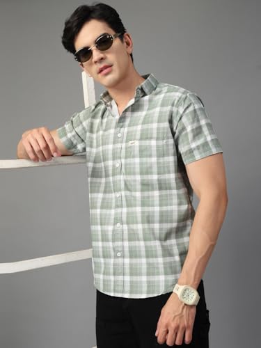 Image of Majestic Man Men's Slim Fit Premium Pure Cotton Plaid Check Half Sleeve Casual Shirt
