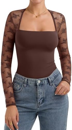 PINKMSTYLE Women Sexy Square Neck Lace Long Sleeve Tops Slim Fit Double Lined Trendy Y2K Going Out Fall Shirts