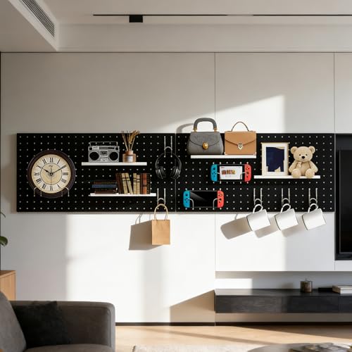 Image of DEWEL Peg Board, 23 inch x 12 inch Metal Pegboard Wall Organizer Kit, 4 Pack Pegboard Panels with 20 Hooks,Black Pegboard Tool Wall Organizer System for Garage and Garden(4pcs black)