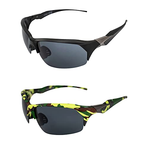 AlterImage Pursuit Wraparound Sports & Motorcycle Retro Sunglasses for Men or Women 2 Pair Semi-Rimless Black & Camo Frames w/Rubber Nose Pads & Smoke Lenses