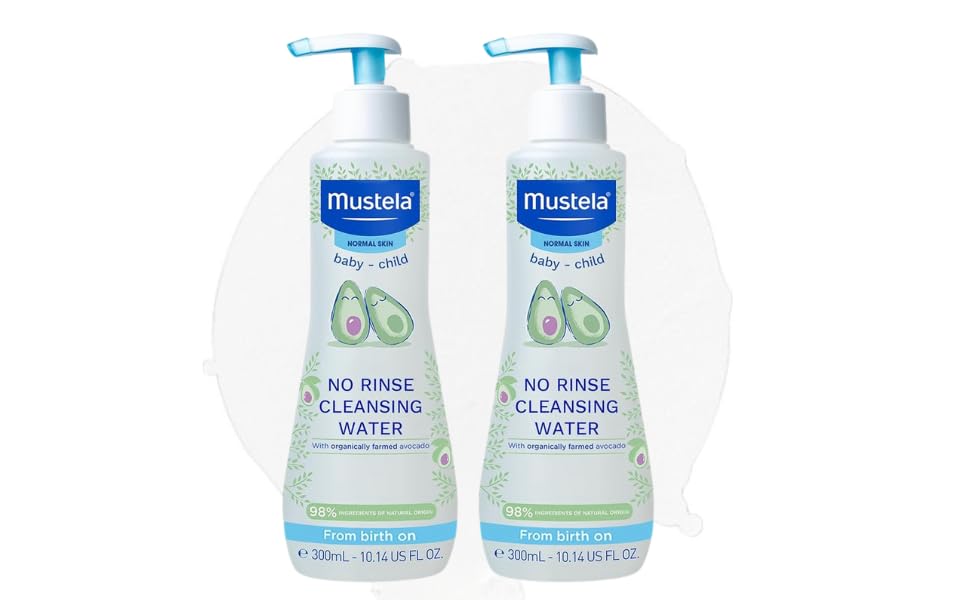 Mustela No-Rinse Cleansing Water 300ml (Pack of 2) - Gentle Baby Micellar Water for Face Body & Nappy Area - Cleanses Without Rinsing