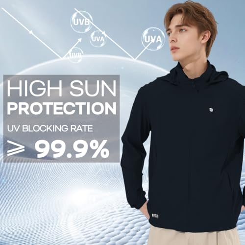 Image of Venzina UPF 150+ Sunscreen Jacket for Men, UV Sun Protection Jacket with Cool Feel Quick Dry Fabric, Sun Hoodie with Removable Hat & Zip Pocket for Driving, Camping, Riding
