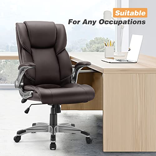 Office Chair Home Ergonomic Computer Hight Back Executive Desk Chairs, Adjustable Height Flip-Up Armrest Lumbar Support And Tilt Swivel Rocking Pu Leather Chairs With Wheels Brown #TOP6
