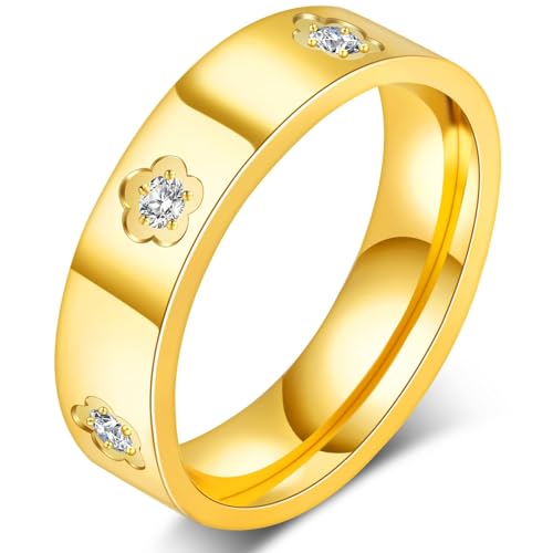 18k Gold Dainty Five Leaf Clover Inlaid Zircon Rings Love Friendship Gold Ring for Women Stainless Steel Wedding Band Promise Ring Jewelry Birthday Gifts for Women