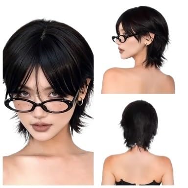 Schöne Schwarze Hochhausperücke mit kurzen Haaren und acht Charakter-Ponys(A)