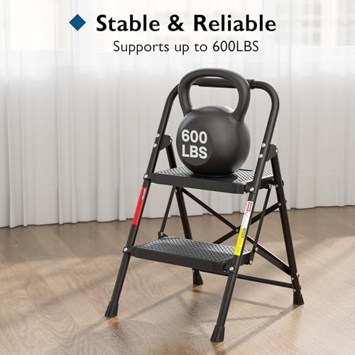 Image of BONTEC 2-Step Ladder, Folding Step Stool with Wide Anti-Slip Pedal, 600lbs Sturdy Steel Ladder, Convenient Handgrip, Lightweight, Portable Steel Step Stool, Black