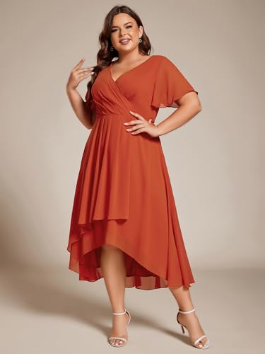 Ever-Pretty Women's V Neck Pleated Plus Size Ruffle Sleeves Chiffon High Low Formal Wedding Guest Dresses 02084-DAPH4