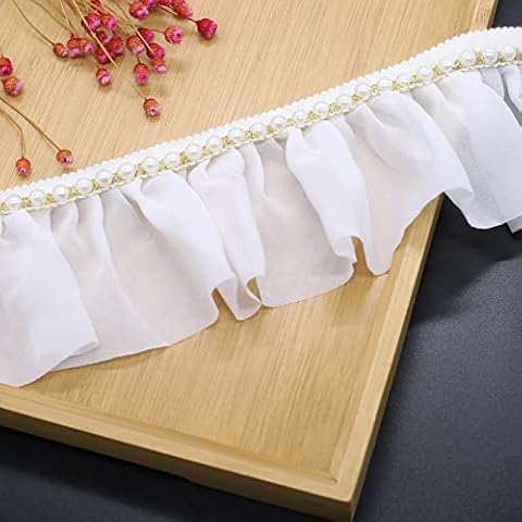 BIT.FLY 4 Yard Chiffon Ribbon Pearl Trim Sewing Lace Edge 3.14 Inch Width Ruffled Pleated Trim for Applique Trimming Dress Home DIY Crafts Cover