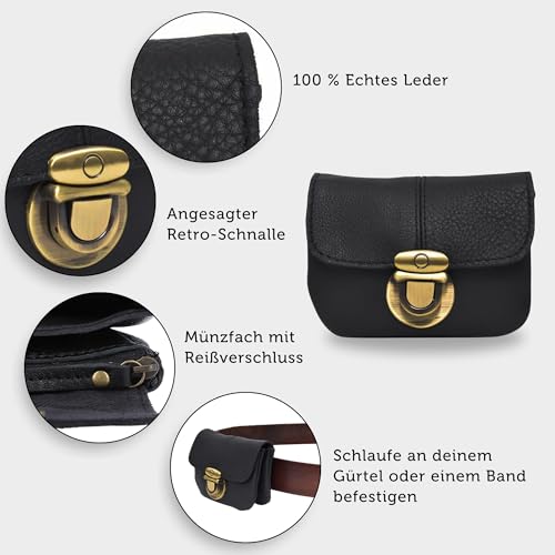 Gusti Bauchtasche Leder Damen Herren – Gürteltasche Schwarz für Reisen, Festival, Alltag – Vintage Hüfttasche mit Portemonnaie-Fach und zeitlosem Design