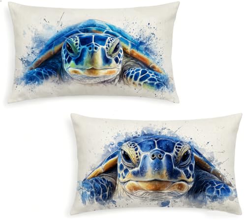 Fundas Cojines 30x50 Blanco Juego de 2 Fundas de Cojines Tortuga Marina Lino Cojines Rectangular Decorativos con Cremallera Oculta para Cama Decoración Sofás Sala de Estar Dormitorio Exterior -1517