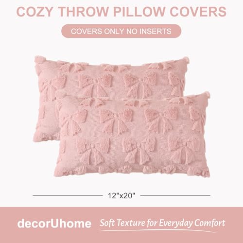Image of decorUhome Pink Bow Pillow Covers Set of 2 Coquette Aesthetic Cute Preppy Plush Faux Pillowcases for Girly Bedroom or Couch 12x20 Inch
