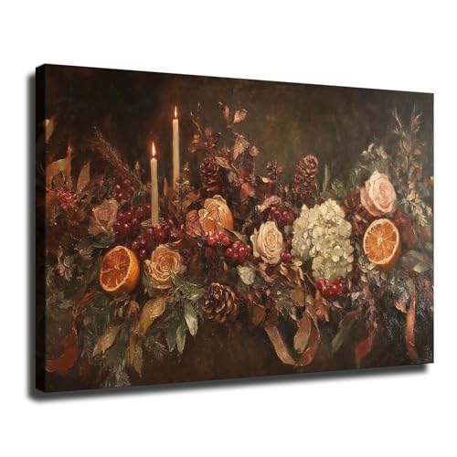 Vintage Winter Floral Christmas Canvas Wall Art, Holiday Botanical Flower