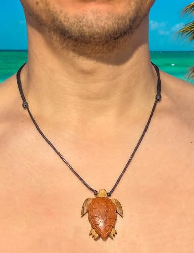 BlueRica Hand Carved Wood Sea Turtle on Adjustable Black Cord Necklace2