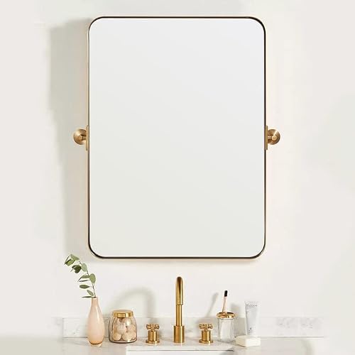 MOON MIRROR 22" x 30" Brushed Gold Metal Framed Pivot Rectangle Bathroom Mirror for Wall Mounted, Tilting Rounded Corner Rectangular Vanity Mirror Hangs Vertical Only