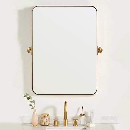 Moon Mirror 22" X 30" Brushed Gold Metal Framed Pivot Rectangle Bathroom Mirror For Wall Mounted, Tilting Rounded Corner Rectangular Vanity Mirror Hangs Vertical Only #TOP12