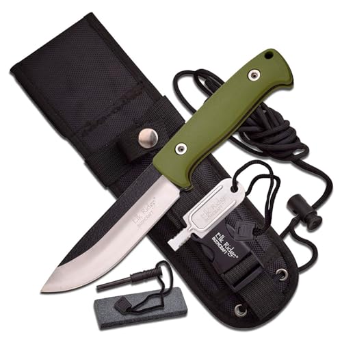 Elk Ridge Outdoors Fixed Blade Knife, 10.5-in Overall, Nylon Fiber Handle, Nylon Sheath, Sharpening Stone, Fire Starter, Hunting, Camping, Survival - ER-555 Series (Green)