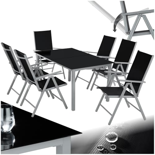 tectake® Salon de Jardin Extérieur en Aluminium - 6 Fauteuils Inclinables Pliables, 1 Table - Facile d'entretien, Mobilier pour Aménagement Balcon Terrasse