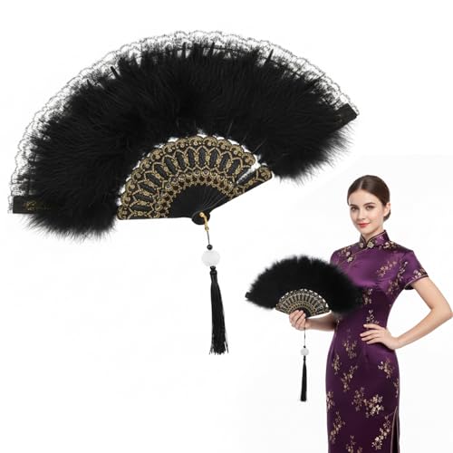 Ventaglio nero di piume, stile anni '20, per carnevale, Halloween, feste, accessori anni 20 donna, piume