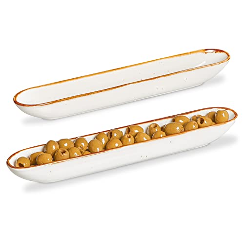 Onemore Olive Tray 12 Inch Olive Boat, Narrow Olive Tray For Charcuterie Party Buffets - Ceramic Olive Plate Olive Canoe Serving Tray For Appetizers, Snacks, Brined Cheeses - Set Of 2, Creamy White #TOP9