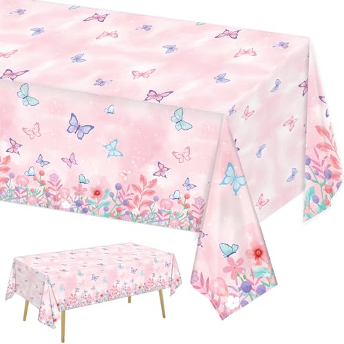 LINHAXM 3 Pack Butterfly Tablecloth Disposable Plastic Table Covers for Girls Kids Birthday Party Decorations, 108 x 54 Inch