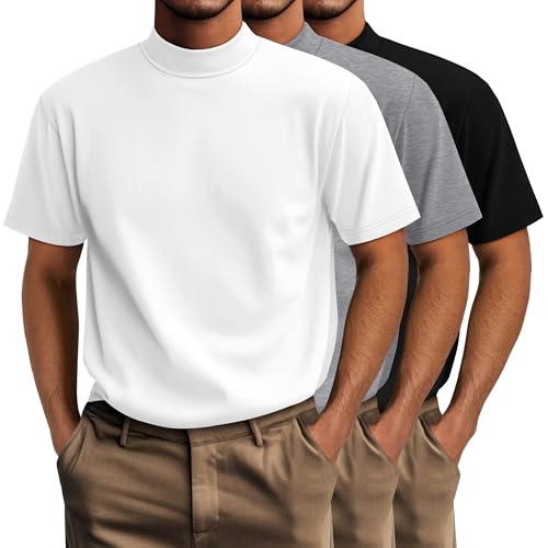 Riyiper 3 Pack Big and Tall Mens Mock Turtleneck Shirt Short Sleeve Cotton Basic Tops Slim Fit Casual Undershirt Tops(Black White Light Gray 4X-Large)