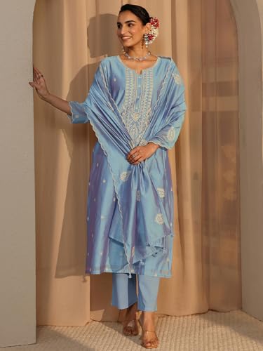 Image of Libas Art Embroidered Silk Blend Straight Kurta With Trousers and Dupatta | ethnic wear | bridal suit | wedding dress | occasion wear