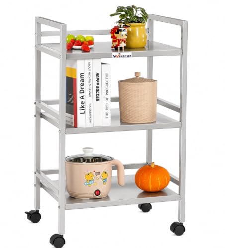 Image of WINSTAR Metal Rolling Trolley with Lockable Wheels | Heavy Duty Multifunctional Metal Frame Cart | Ideal for Home, Kitchen, Bathroom and Office Storage | (Silver, 3-Tier)