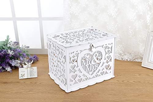Ywlake Wedding Gift Card Money Box Holder with Sign, Large Rustic Wood Wooden DIY Envelop Gift Card Boxes with Lock for Wedding Reception Anniversary Birthday Parties Baby Shower (Mr & Mrs, White)