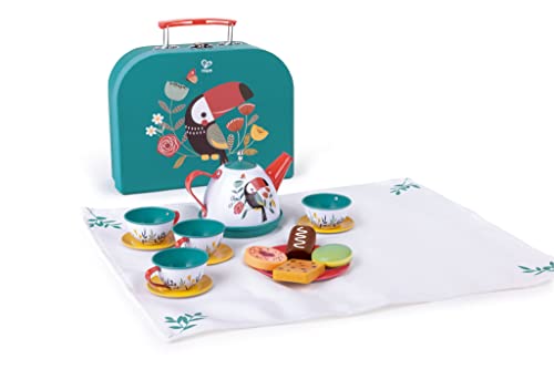 Hape Tea Set for Little Girls & Boys, 18-Piece Tin Tea Party Set with Toucan Carrying Case, Toy Teapot, Play Food Cookies & Picnic Cloth, Pretend Play Kitchen Accessories for Toddlers Ages 3+ by Hape - Used condition - US$14.46