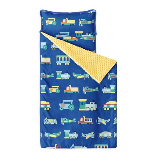 Image of Wake In Cloud - Toddler Nap Mat with Pillow and Minky Fleece Blanket, for Kids Boys Ages 3 Plus in Daycare Preschool Kindergarten, Roll Up Sleeping Bag, Planes Trains Trucks