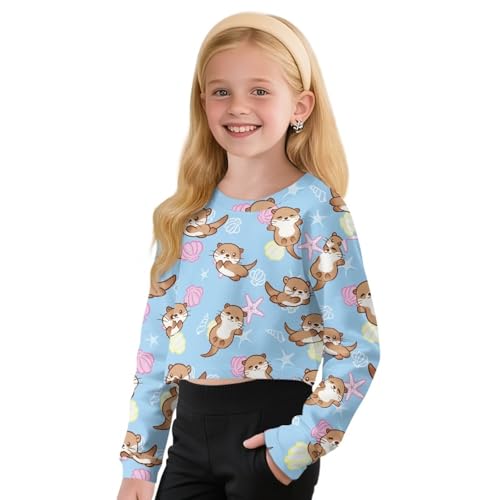 Girls Cropped Sweatshirt Cute Cartoon Pullover Tunic Tops Long Sleeve Crewneck Sweatshirt for Teen Girls 5-14 Years