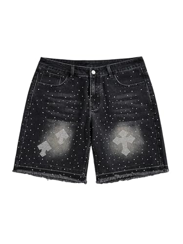 Verdusa Mens Jorts Baggy Jean Shorts Glitter Rhinestone Summer Oversized Denim Shorts Black 34