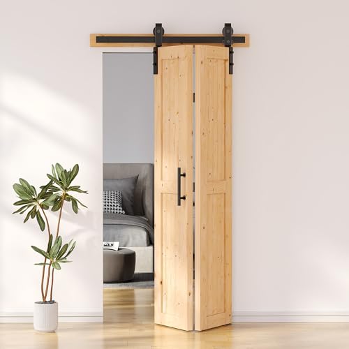 SKYSEN 36' X 84' Bifold Barn Door with 40' Bifold Barn Door Hardware Kit, Including Handle and Pulls, Unfinished Solid Spruce Wood Panel, Pre-Drilled and Assembled(36 * 84-40-fold)