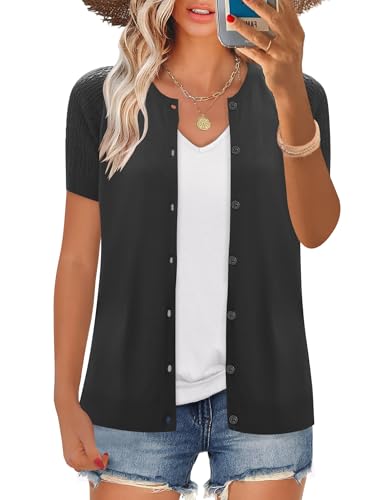 Image of FreshNight Women's 2025 Short Sleeve Cardigan Button Up Hollowed Out Crewneck Shrug Sweaters Knit Sweater Tops Lightweight