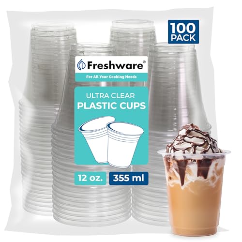 Image of Freshware 12 oz Clear Disposable Plastic Cups, 100 Pack Clear Plastic Cups Tumblers, Heavy-duty Party Glasses, Disposable Cup for Thanksgiving, Halloween, Christmas Party