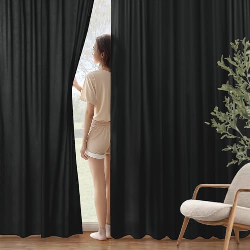 Image of MIULEE Black Semi Sheer Privacy Curtains Drapes 2 Panels 52W x 72L | Semi sheer privacy, non-see-through, light filtering, fits kitchen, bathroom, bedroom