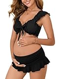 Summer Mae Maternity Bikini Swimsuit Low Rise Swim Skirt Tie Bowknot Two Piece Bathing Suit Puffy Sleeves Pregnancy Swimdress Black 12