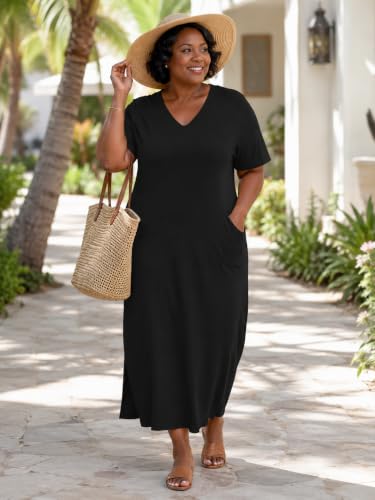 Image of SUZONANA Women Casual T-Shirt Dress V Neck Short Sleeve Solid Color Oversize Dress with Front Two Pockets