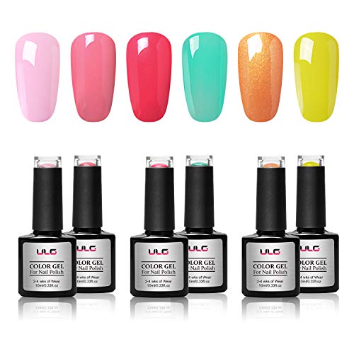 Gel Nail Polish Bright Color Set 6 Pcs ULG UV LED Soak Off Gel Cute Polish Nail Art Kit, Bright Yellow Orange Green Red Pink