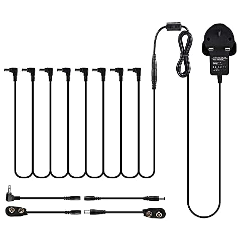 Asmuse Daisy Chain Pedal Power Supply 9V Adapter AC/DC 1A Noiseless Anti-interface Tip Negative 8 Ways Cord with Battery Clip Cables Reversed Polarity Cables for Guitar Effect Pedal Board UK Plug Cover