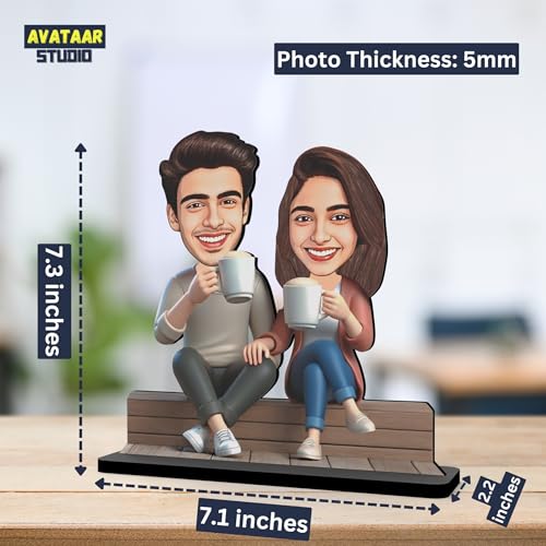 Image of Wood Rectangular Personalized Caricature Gift for Couple, 7 Inches, Tabletop Multicolor, Art Deco Style