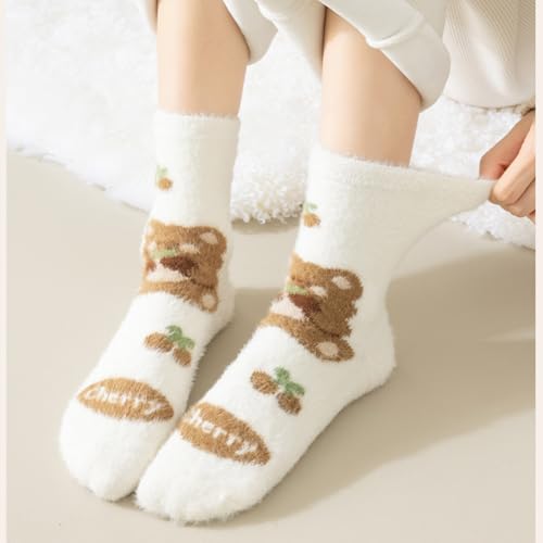 Warm Fluffy Socks, Soft Winter Slipper Socks with Cute Bear Patterns Sleeping Plush Crew Socks Cozy Casual Socks for Women, 5 Pairs, Size 5-94
