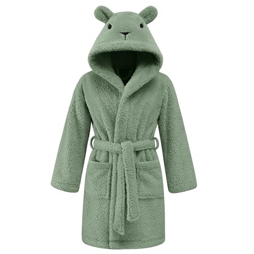 UMIPUBO Ropa Niños y Niñas Invierno Bata Para 3-8 Años Pijamas Ropa de Dormir Ducha Infantiles Cómodo con 2 Bolsillos Cinturón Capucha con Orejas (Verde, 7-8ans)