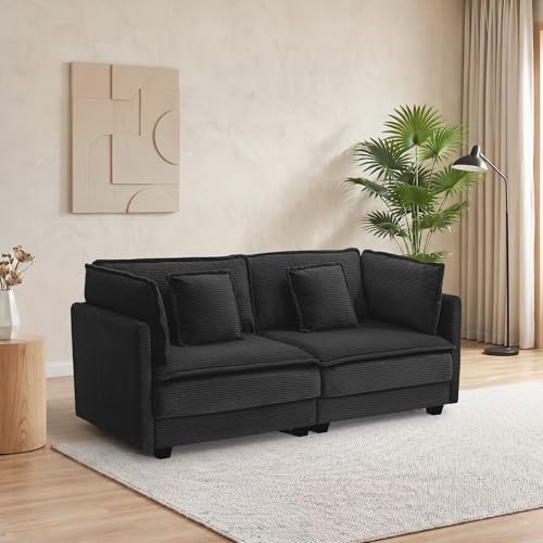 Image of 78.4 inch Corduroy Loveseat, Small Sectional Sofa for Small Spaces, Apartment, Home Office, or Cozy Corner, Black